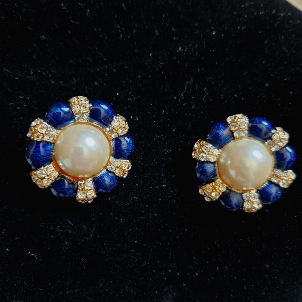 Vintage Gay Boyer Faux Pearl, Enamel and Crystal Clip-on Earrings